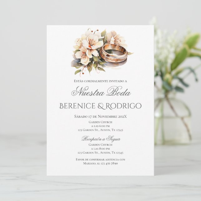 Boho Floral Wedding Invitation in Spanish (Standing Front)