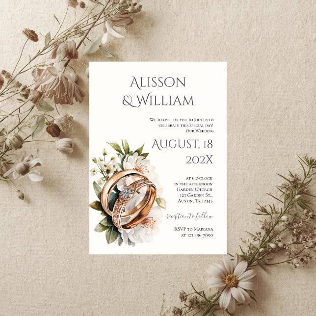 Boho floral wedding invitation with rings (Creator Uploaded)