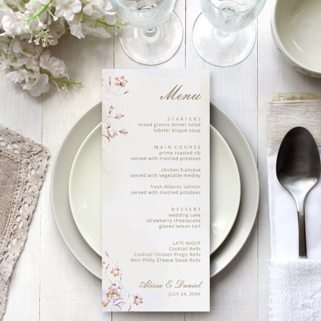 Boho Floral Wedding Menu Card (Boho Floral Wedding Menu Card on a white wedding dinner table)