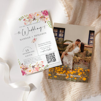 Boho Floral Wedding Minimal Script QR Code Photo Invitation