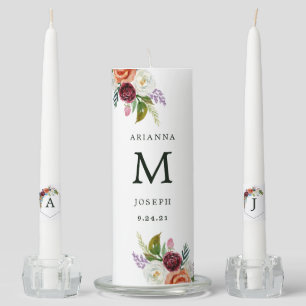 Boho Floral Wedding Monogram Unity Candle Set