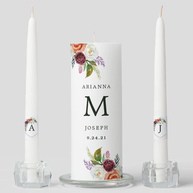 Boho Floral Wedding | Monogram Unity Candle Set (Front)