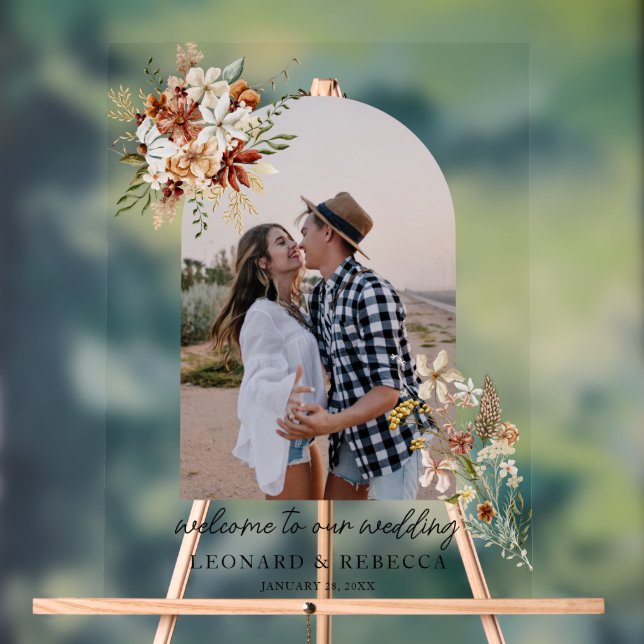 Boho Floral Wedding photo Acrylic Sign (Neutral)