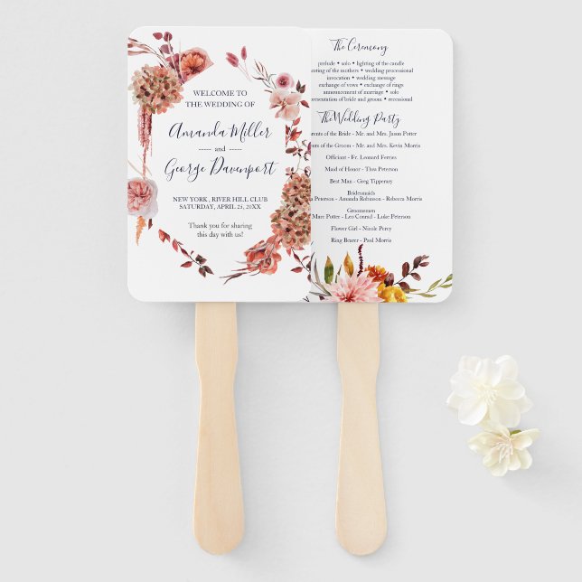 BOHO Floral wedding program fan (Front and Back)