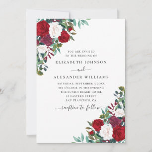 Boho floral wedding. Red and white elegant flowers Invitation