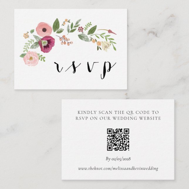 Boho Floral Wedding RSVP QR Code Response Card (Front/Back)
