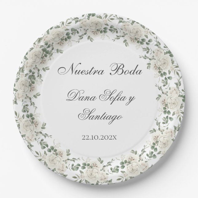Boho Floral Wedding Spanish Paper Plates (Front)