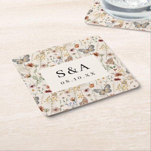 Boho Floral Wedding Square Paper Coaster