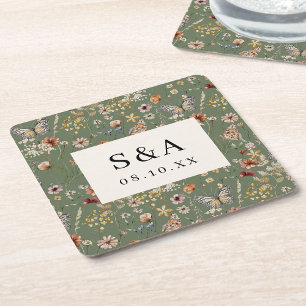 Boho Floral Wedding Square Paper Coaster