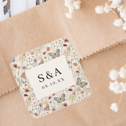 Boho Floral Wedding Square Sticker