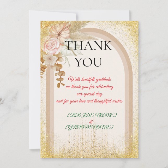 Boho Floral Wedding Thank You Card with Gold Spark (Front)