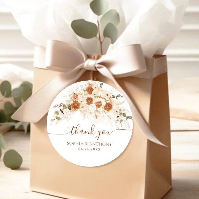 Boho Floral Wedding Thank You Classic Round Sticker (Creator Uploaded)
