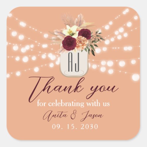 Boho Floral Wedding Thank You Square Sticker