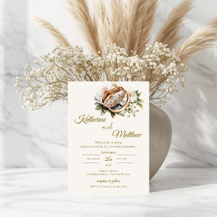 Boho floral wedding with rings invitation