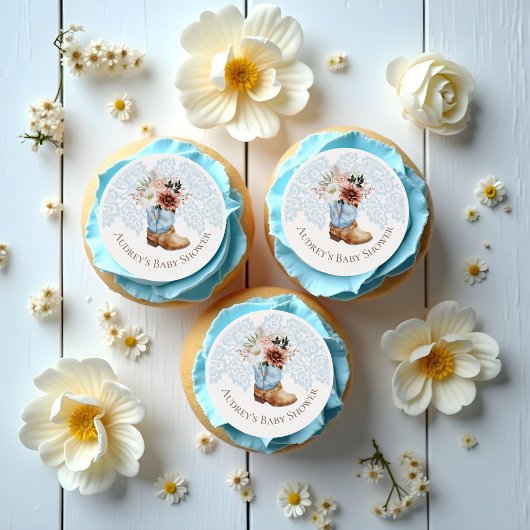 Boho Floral Western Blue Cowboy Boot Baby Shower Edible Frosting Rounds