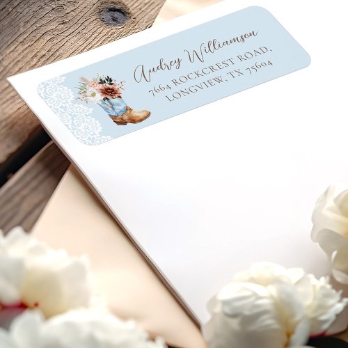 Boho Floral Western Blue Cowboy Boot Baby Shower Label