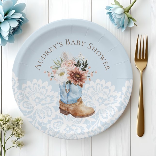 Boho Floral Western Blue Cowboy Boot Baby Shower Paper Plates (Boho Floral Western Blue Cowboy Boot Baby Shower Paper Plates)