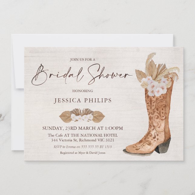 Boho Floral Western Boot Bridal Shower Invitation (Front)