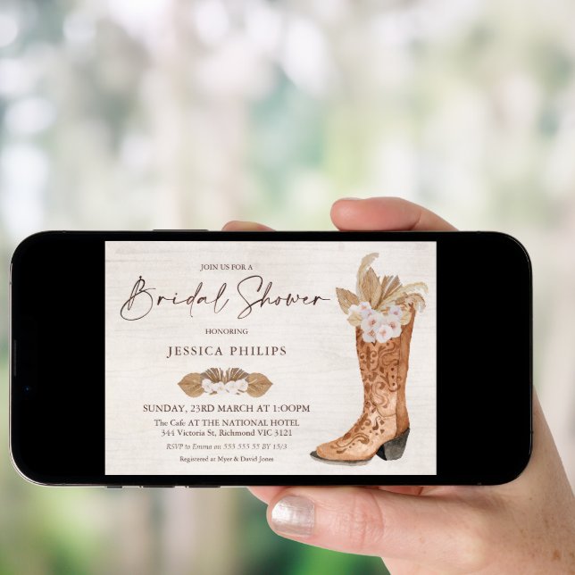 Boho Floral Western Boot Bridal Shower Invitation (Front Digital)