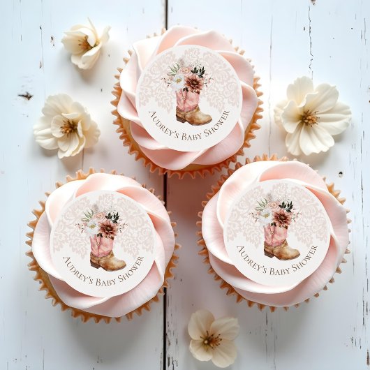 Boho Floral Western Pink Cowgirl Boot Baby Shower Edible Frosting Rounds