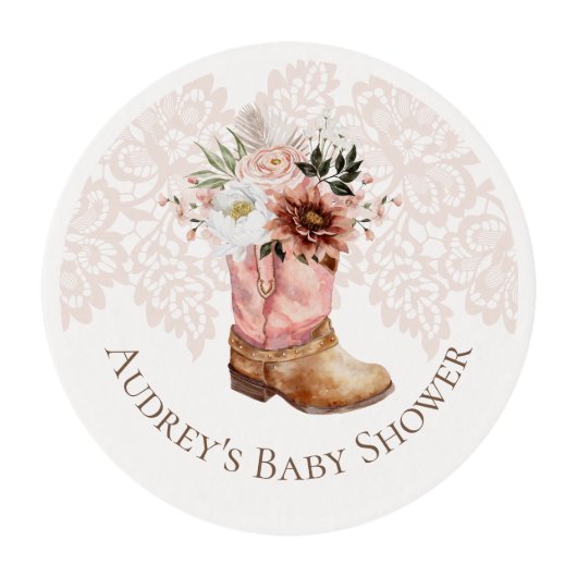Boho Floral Western Pink Cowgirl Boot Baby Shower Edible Frosting Rounds (Front)