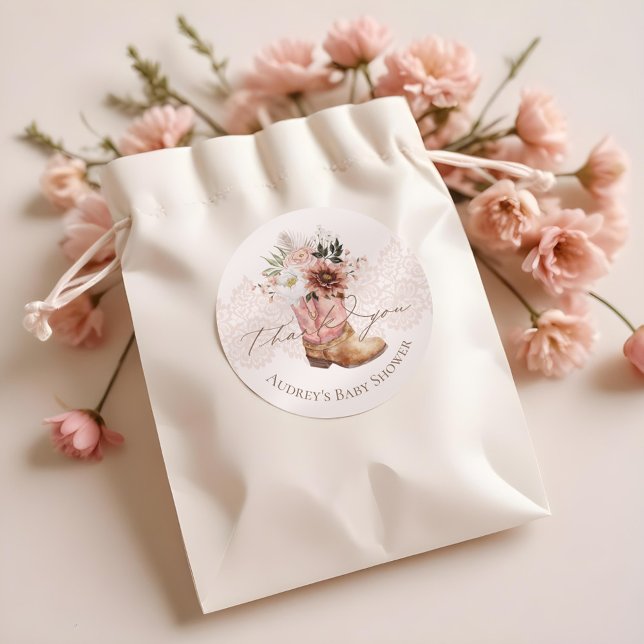 Boho Floral Western Pink Cowgirl Boot Thank You Classic Round Sticker (Boho Floral Western Pink Cowgirl Boot Thank You Classic Round Sticker)