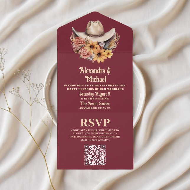 Boho Floral Western Wedding QR Code All In One Invitation (Creator Uploaded)