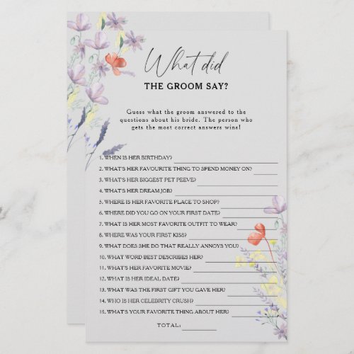 Boho Floral What did the groom say bridal game