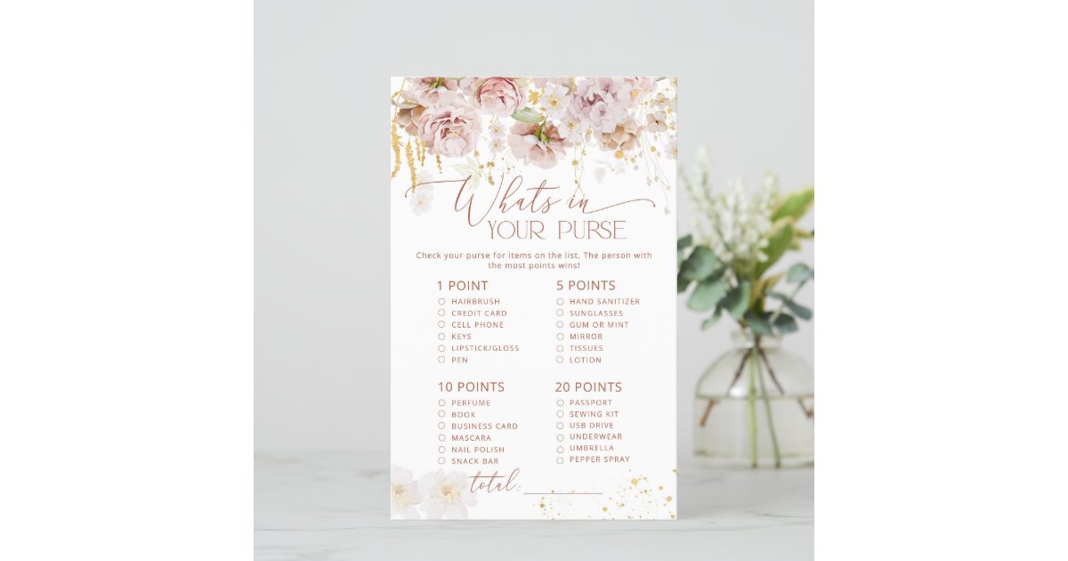 Boho floral Whats in your purse baby shower game | Zazzle