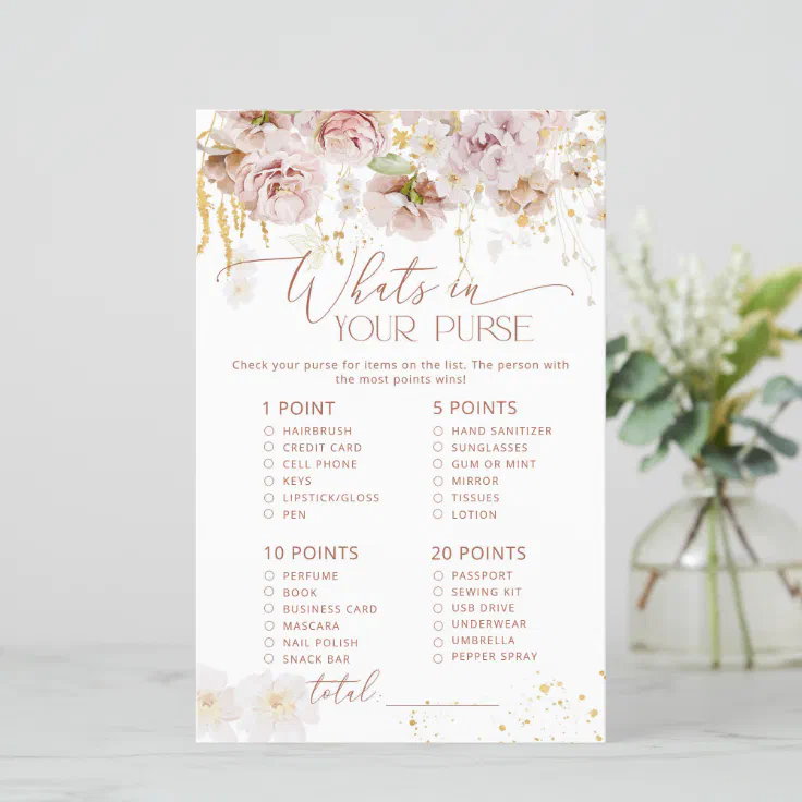 Boho floral Whats in your purse baby shower game | Zazzle