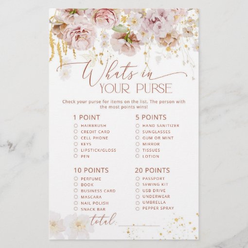 Boho floral Whats in your purse baby shower game | Zazzle
