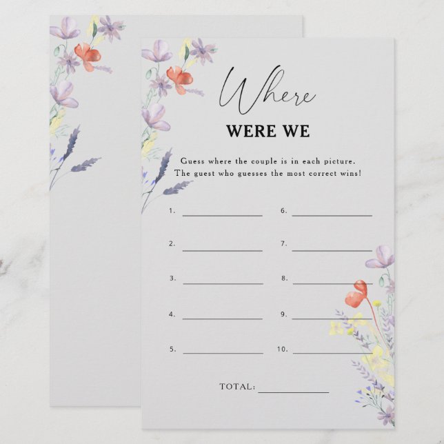 Boho Floral Where were we bridal shower game (Front/Back)