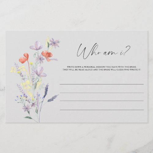 Boho Floral Who am I bridal shower game Stationery