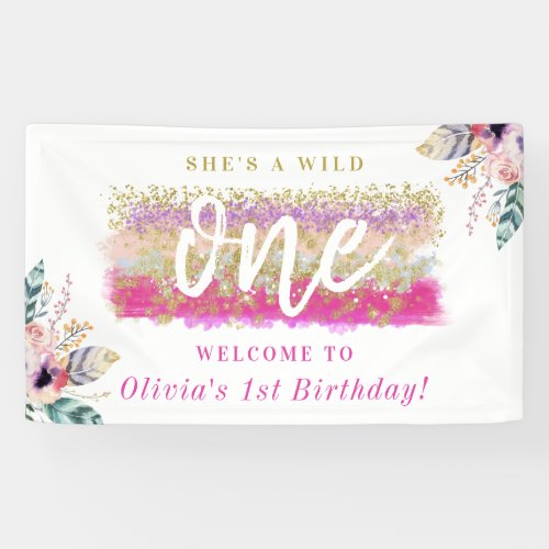 Boho Floral Wild One Girls First Birthday Party Banner