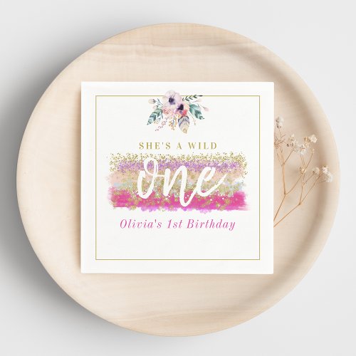 Boho Floral Wild One Girls First Birthday Party Napkins