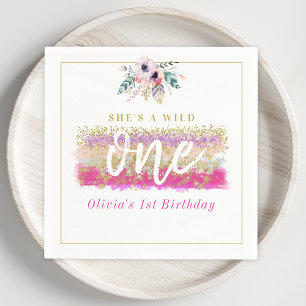 Boho Floral Wild One Girl's First Birthday Party Napkins