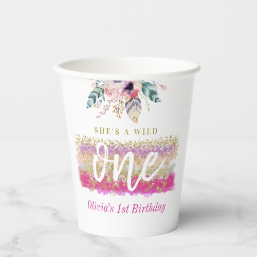 Boho Floral Wild One Girls First Birthday Party Paper Cups