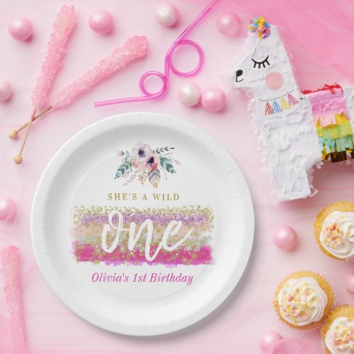 Boho Floral Wild One Girls First Birthday Party Paper Plates