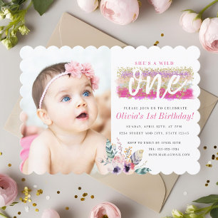 Boho Floral Wild One Girl's First Birthday Photo Invitation