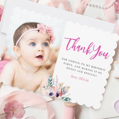 Boho Floral Wild One Girls First Birthday Photo Thank You Card