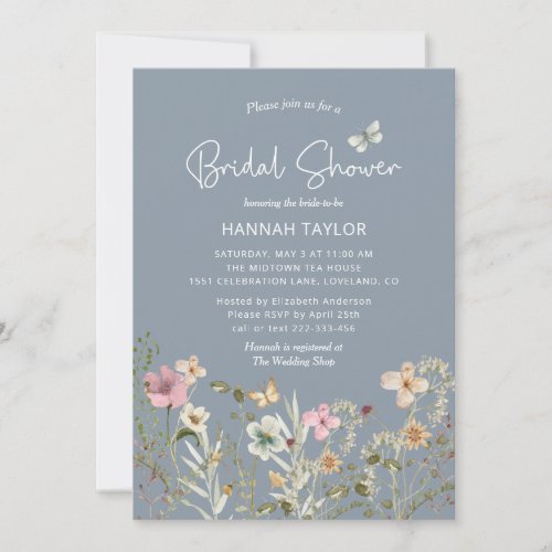 Boho Floral Wildflower Dusty Blue Bridal Shower Invitation