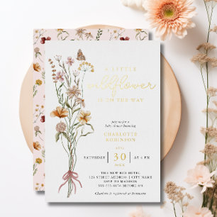 Boho Floral Wildflower Girl Baby Shower Gold Foil Invitation