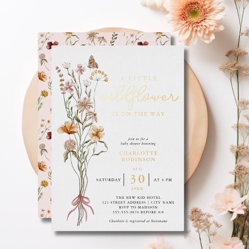 Boho Floral Wildflower Girl Baby Shower Gold Foil Invitation