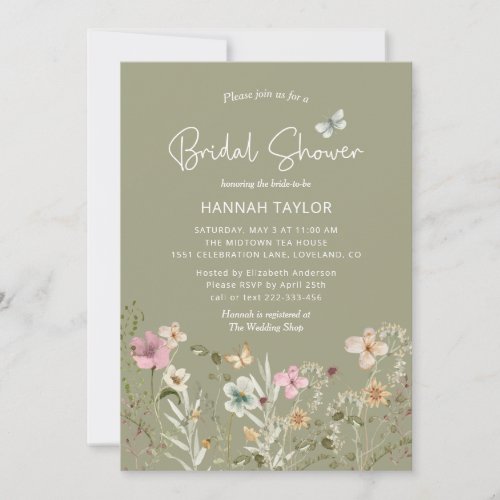 Boho Floral Wildflower Sage Green Bridal Shower Invitation