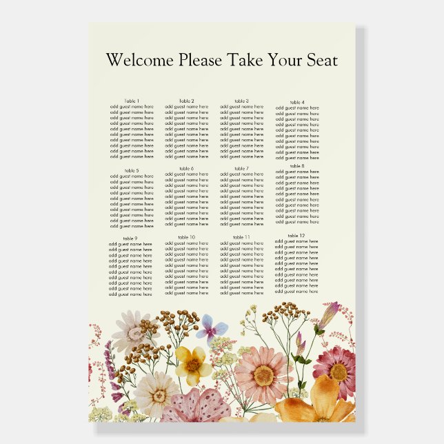 Boho Floral Wildflower seating chart Foam Board (Front)
