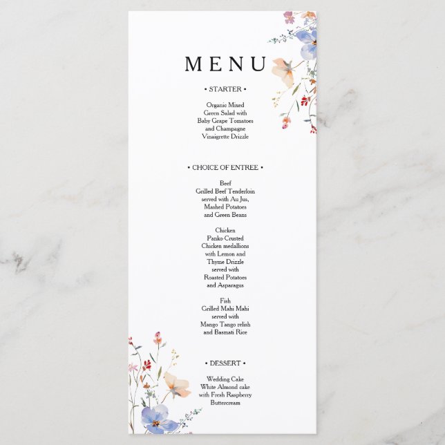 Boho Floral wildflower wedding Menu (Front)
