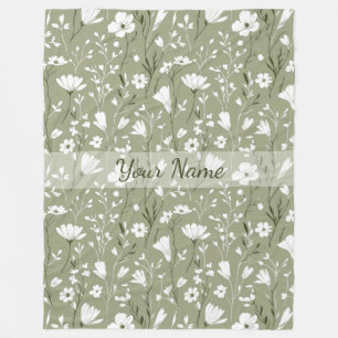 Boho Floral Wildflowers Sage Green Personalized  Fleece Blanket