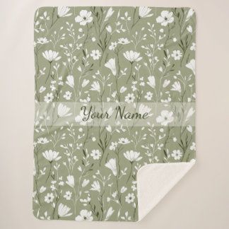 Boho Floral Wildflowers Sage Green Personalized  Sherpa Blanket