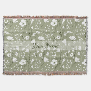 Boho Floral Wildflowers Sage Green Personalized Throw Blanket