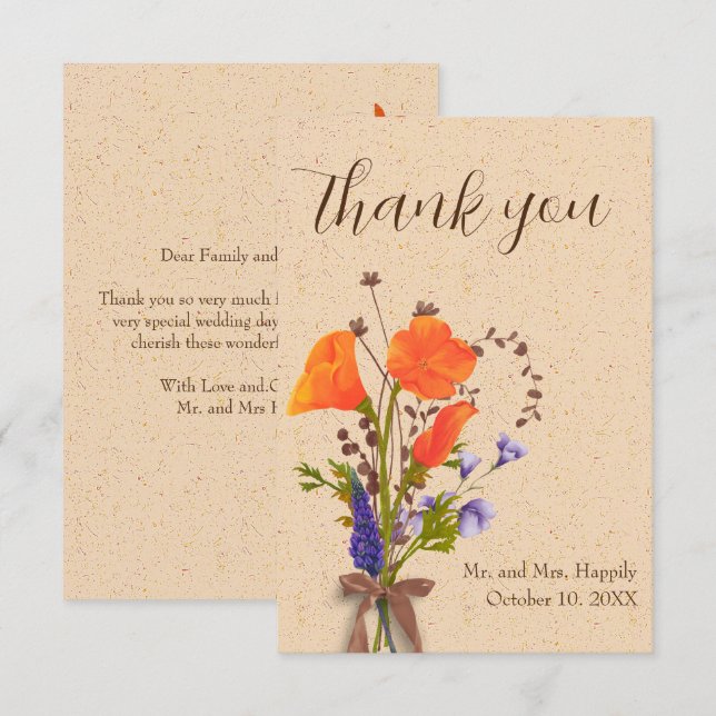 Boho Floral Wildflowers Wedding Thank You Cards (Front/Back)